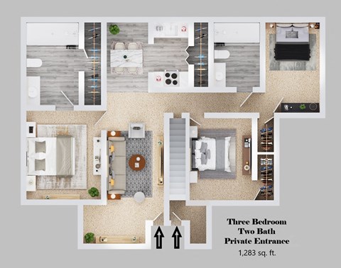 Floor plan for 3 beds, 2 baths, 1283 sqft